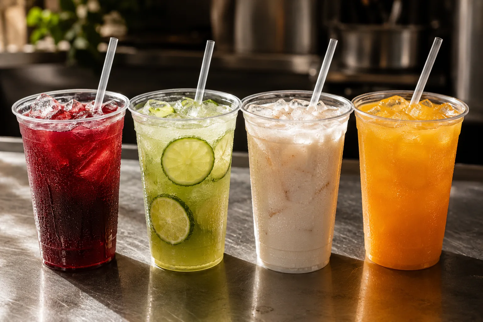 A lineup of fresh aguas frescas in clear cups.