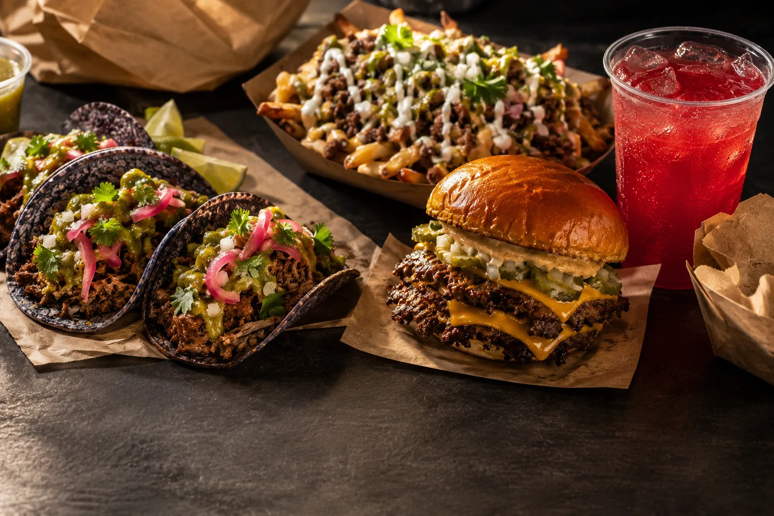 A Pacheco table spread with burger, tacos, a loaded side and a drink.